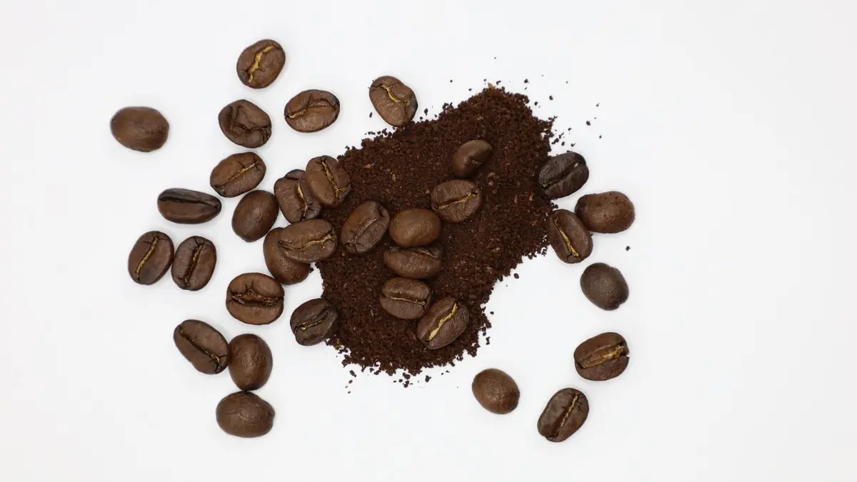 Des grains de café entiers autour d'un petit tas de café moulu, sur fond blanc